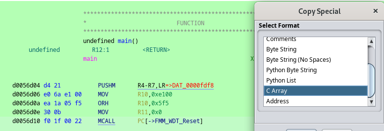 Coping opcode a C array in Ghirda